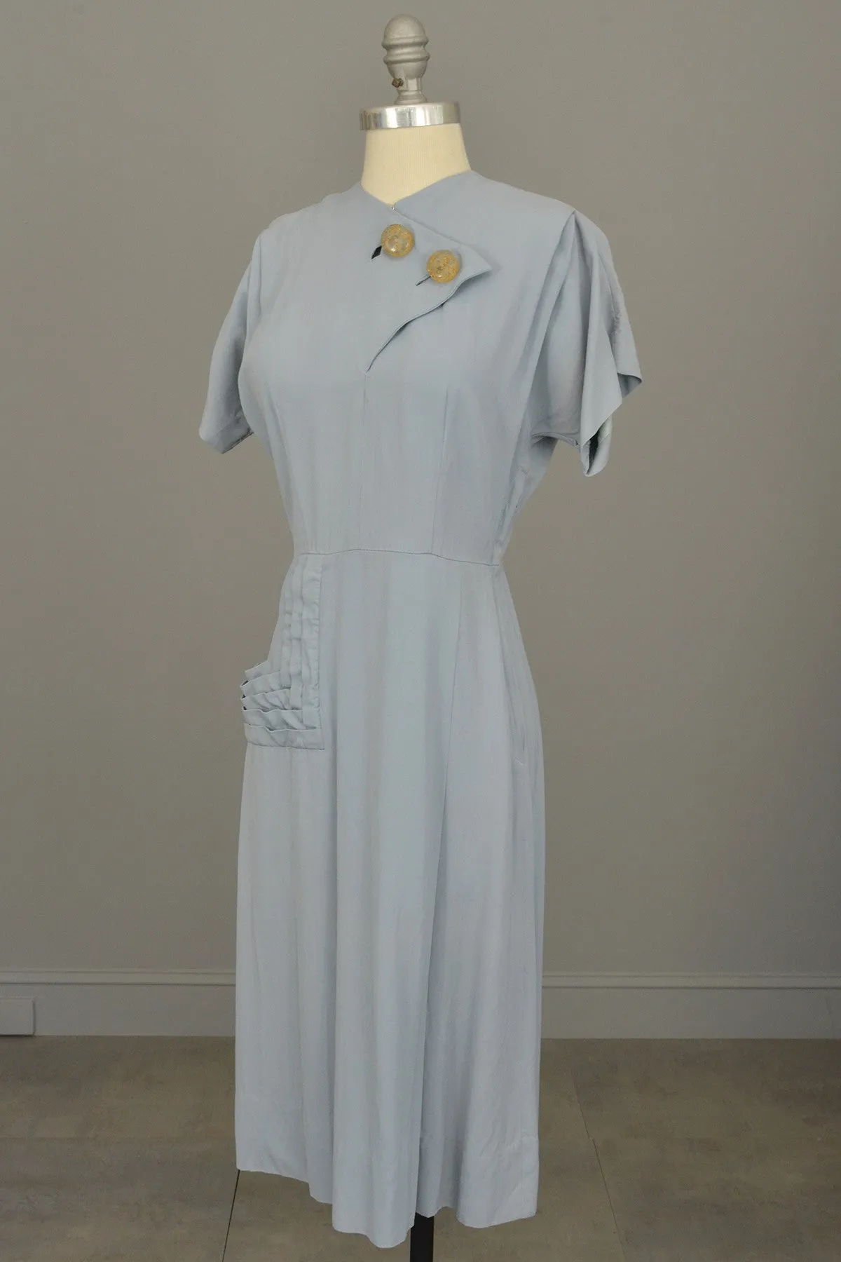 1940s Powder Blue Vintage Dress with Lucite Buttons and Pleated Pocket by R & K Originals