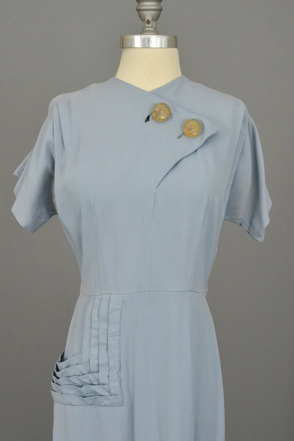 1940s Powder Blue Vintage Dress with Lucite Buttons and Pleated Pocket by R & K Originals