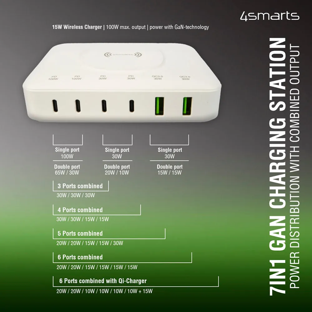 4smarts 7-in-1 Charging Station m. Trådløs Opladning, PD & PPS 100W - Hvid