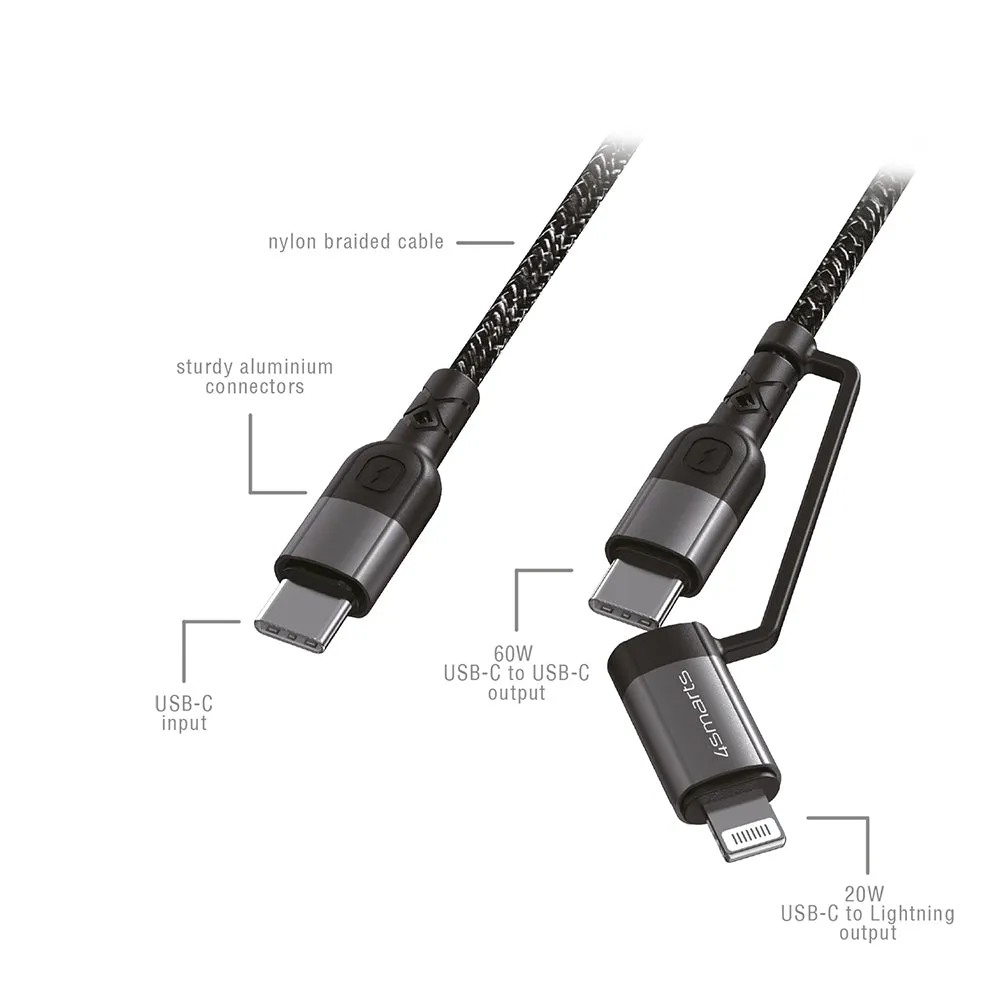 4Smarts ComboCord USB-C til USB-C eller Lightning Kabel PD 60W - 1,5m. - Sort