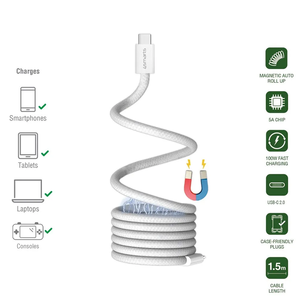 4smarts Magnetisk RollUp USB-C til USB-C Kabel 100W PD - 1.5m - Hvid