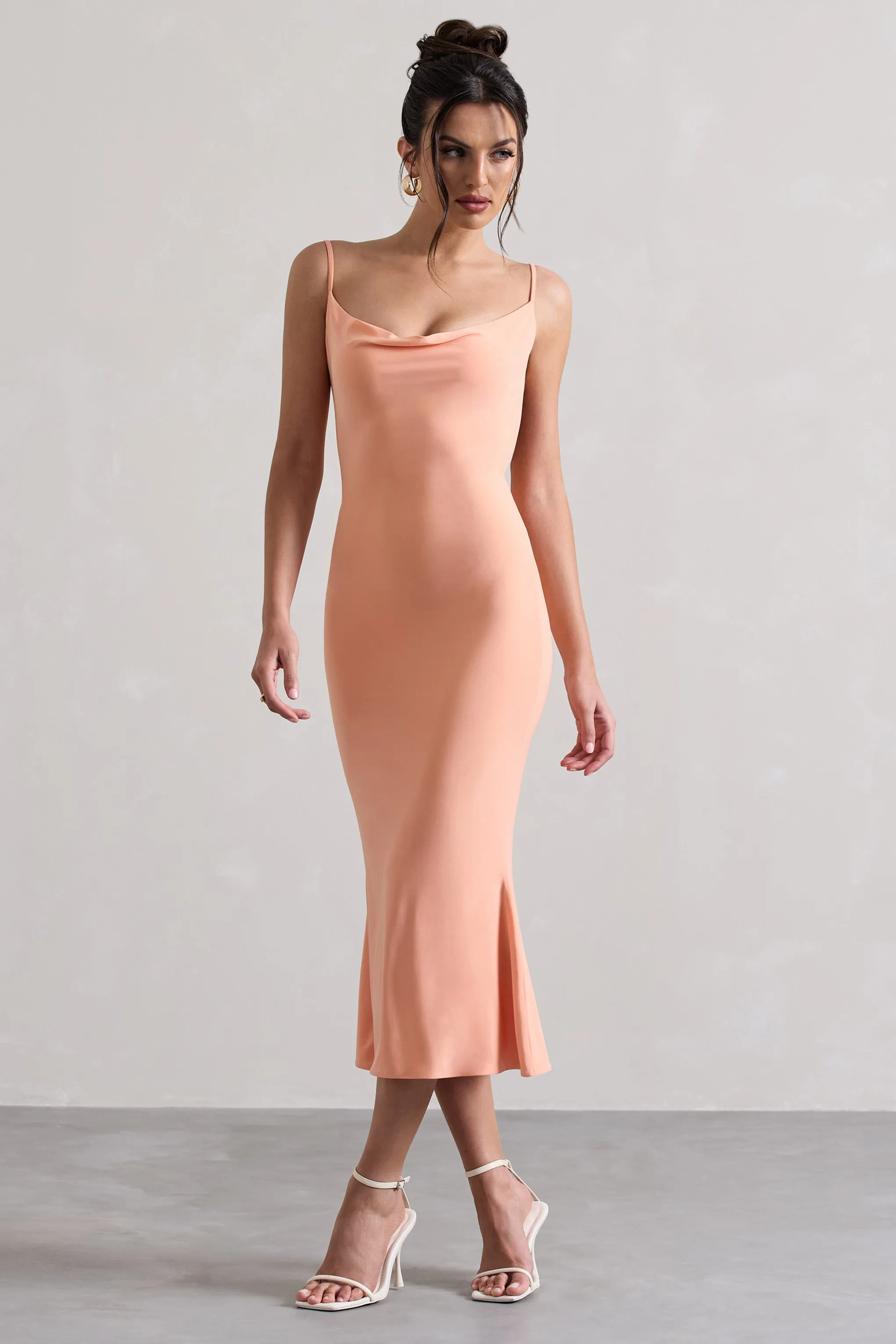 Addison | Coral Cowl-Neck Open-Back Midi Dress With Lace