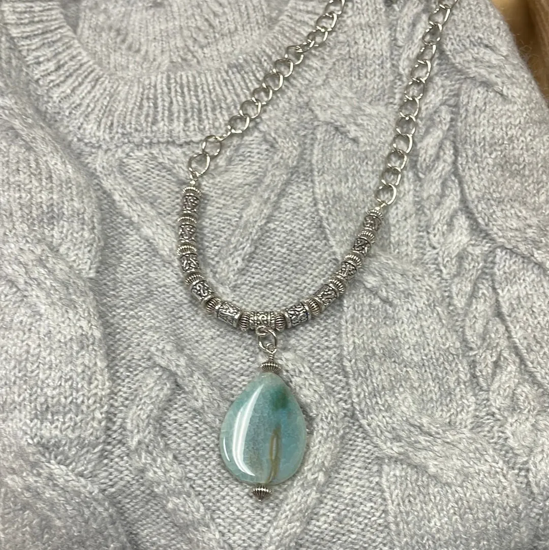 Aqua Dyed Fire Agate with Silver Bead Necklace