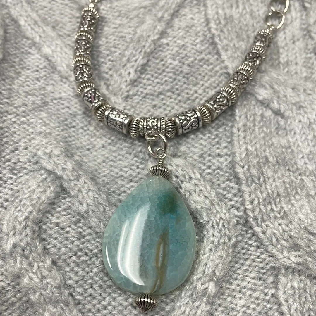 Aqua Dyed Fire Agate with Silver Bead Necklace