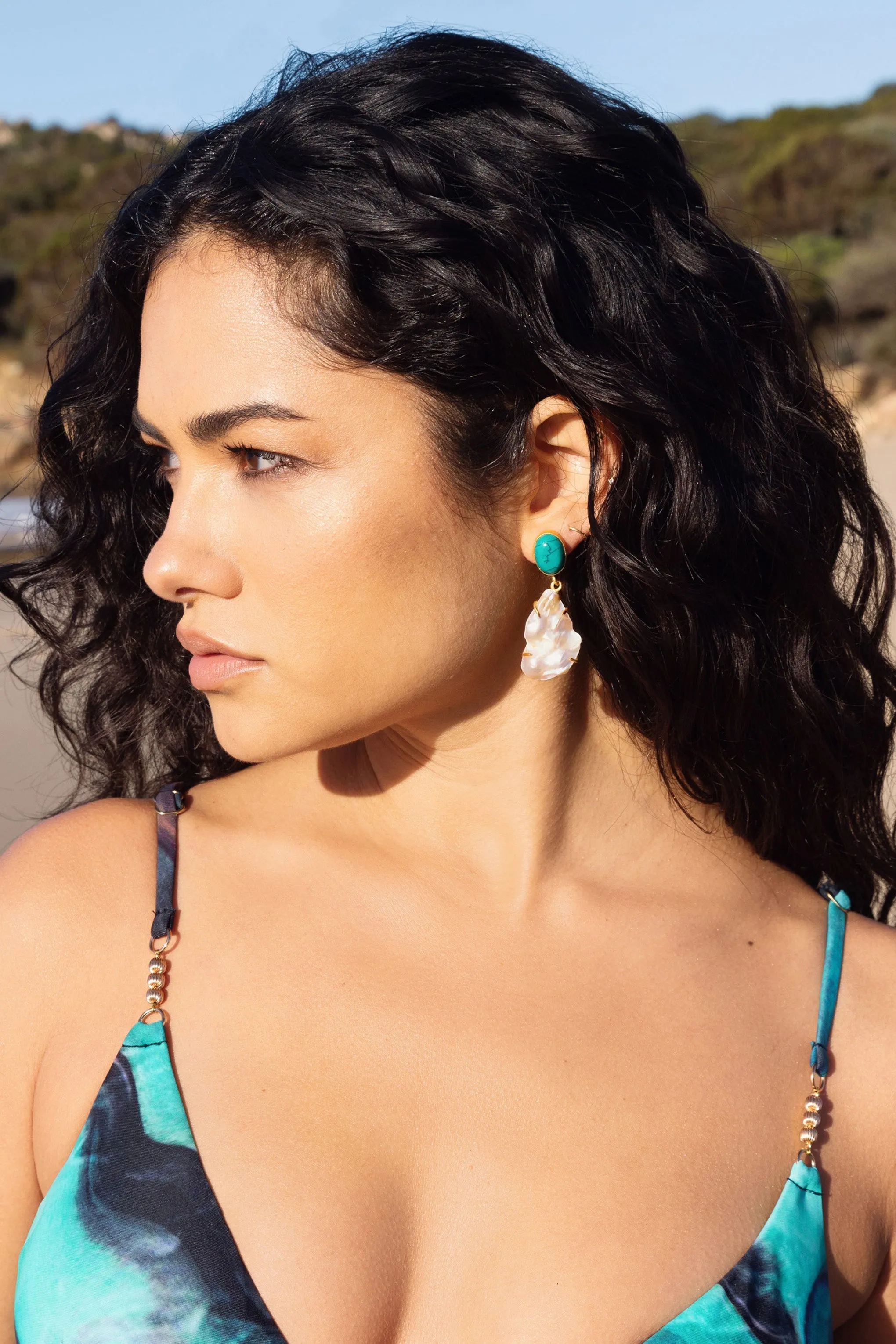 Aqua | Gold & Green Drop Earrings With Iridescent Shells