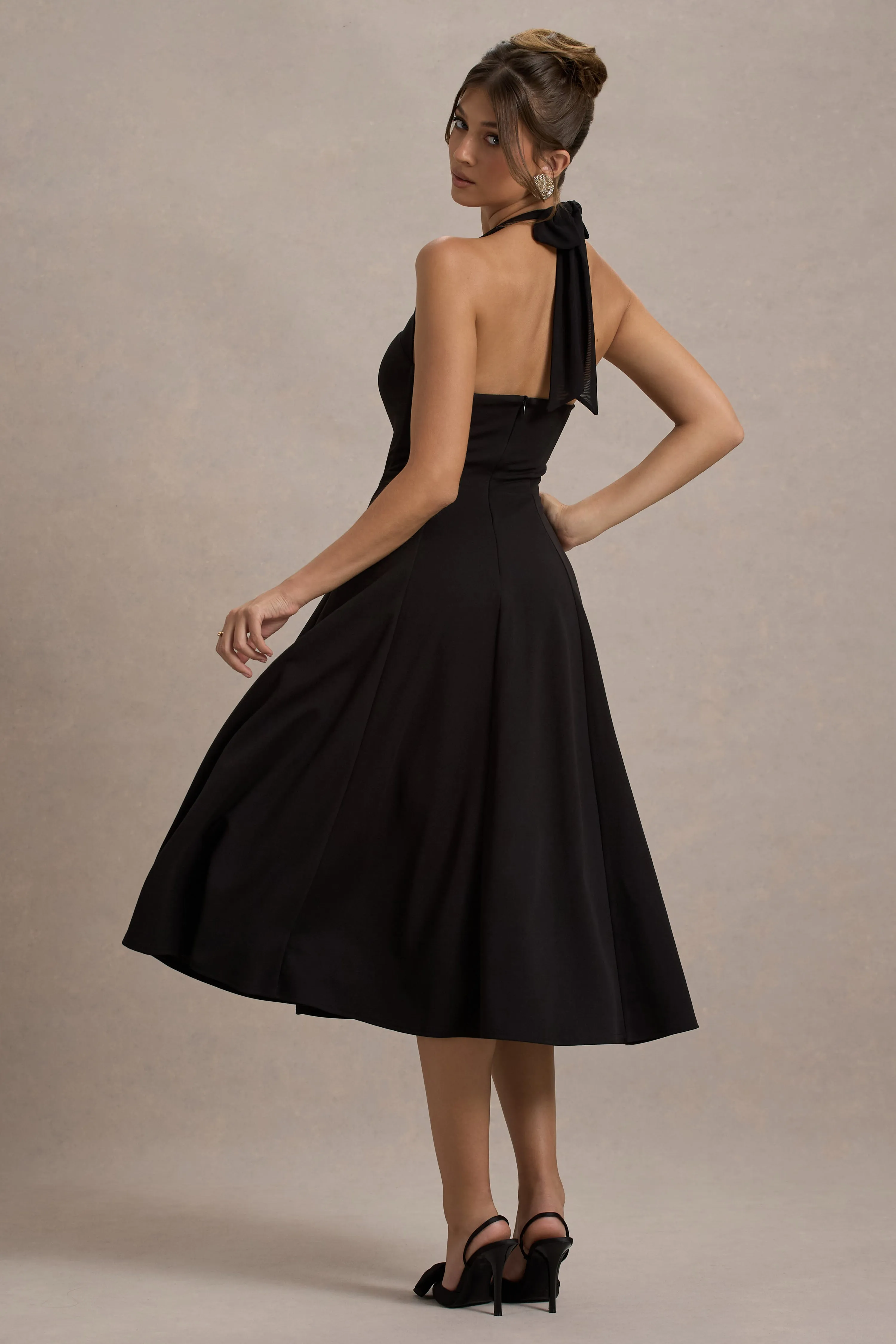 Auburn | Black Halter Skater Midi Dress