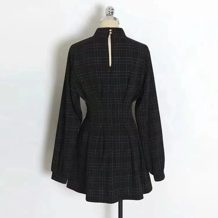 AUTUMU NEW CHEQUER WAIST-TIED LONG-SLEEVE DRESS BY71117