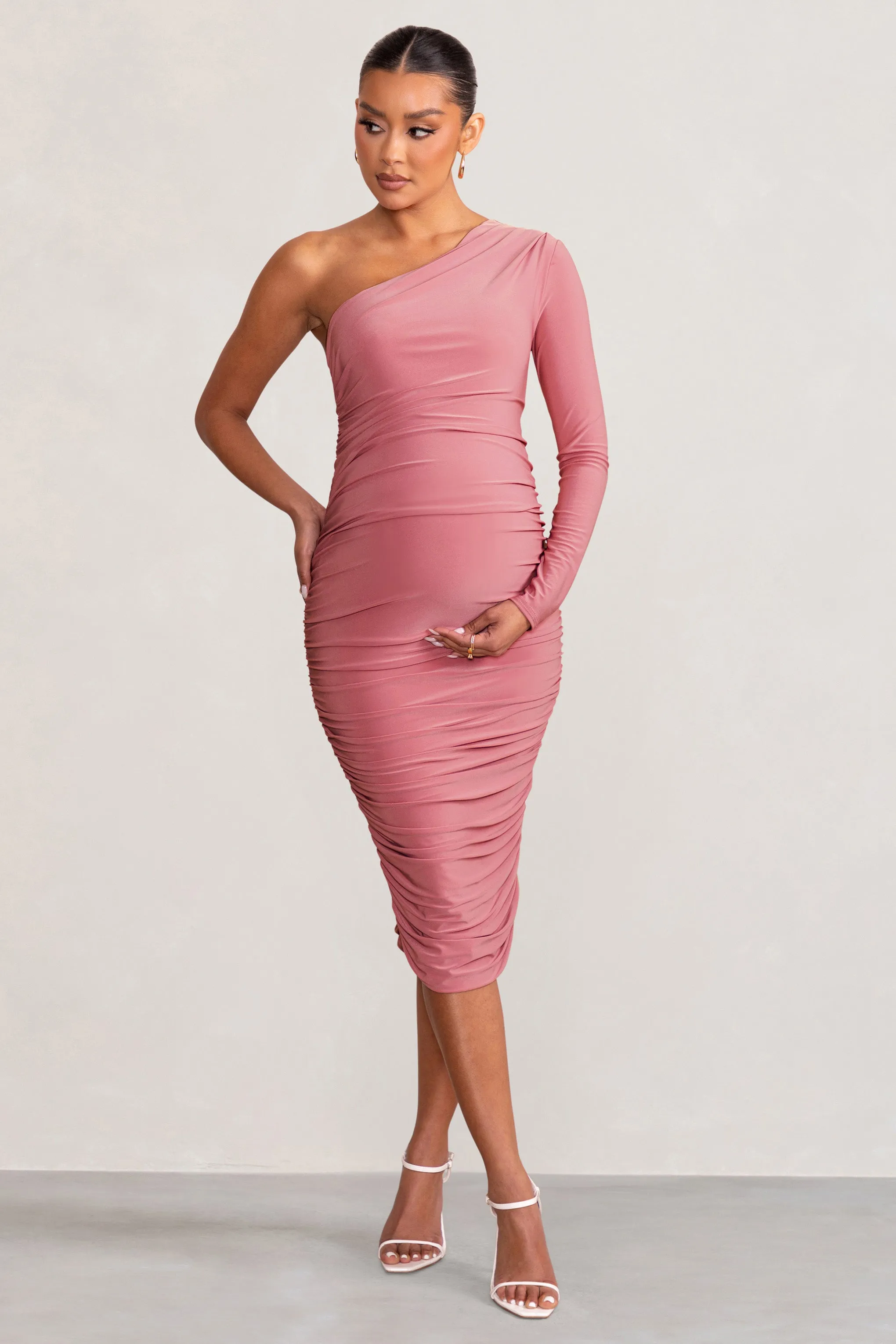 Betsy | Blush Asymmetric One Sleeve Maternity Midi Dress