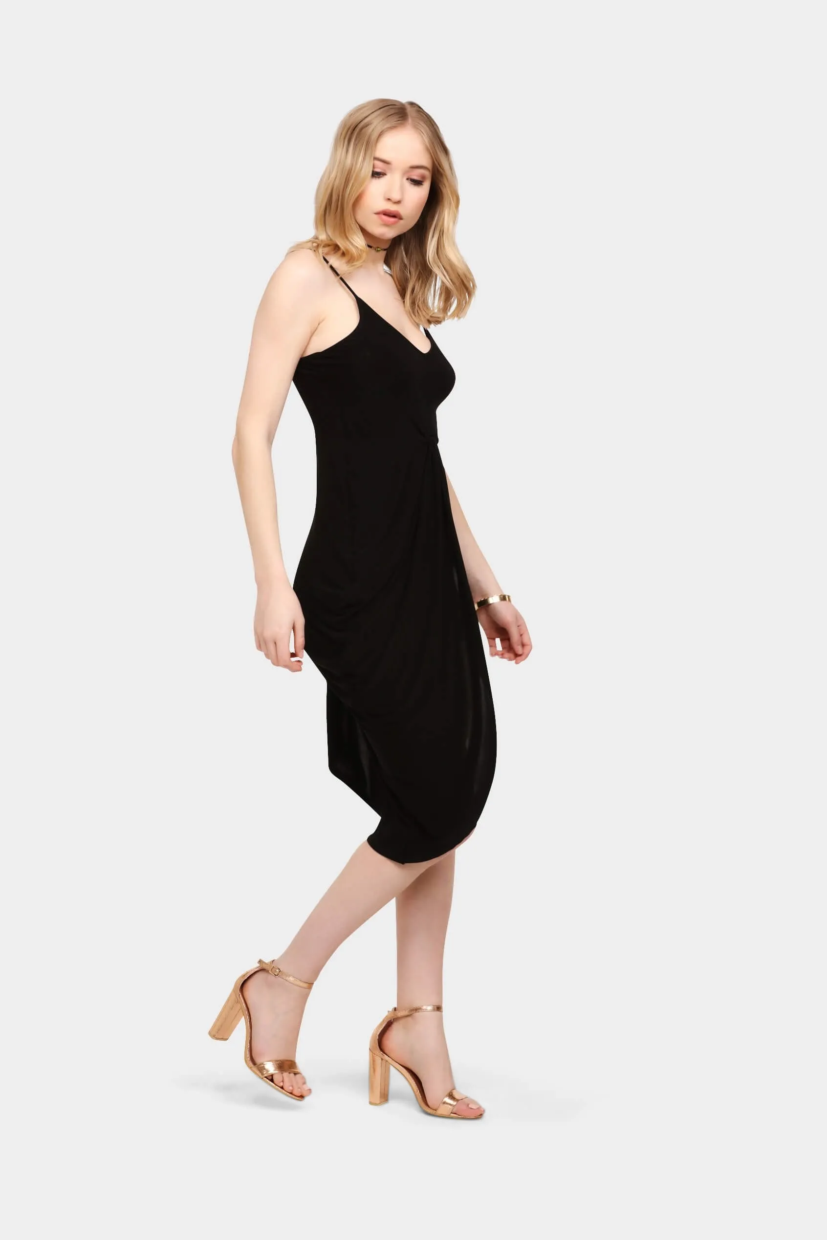 Black Asymmetric Wrap Twist Strappy Midi Dress