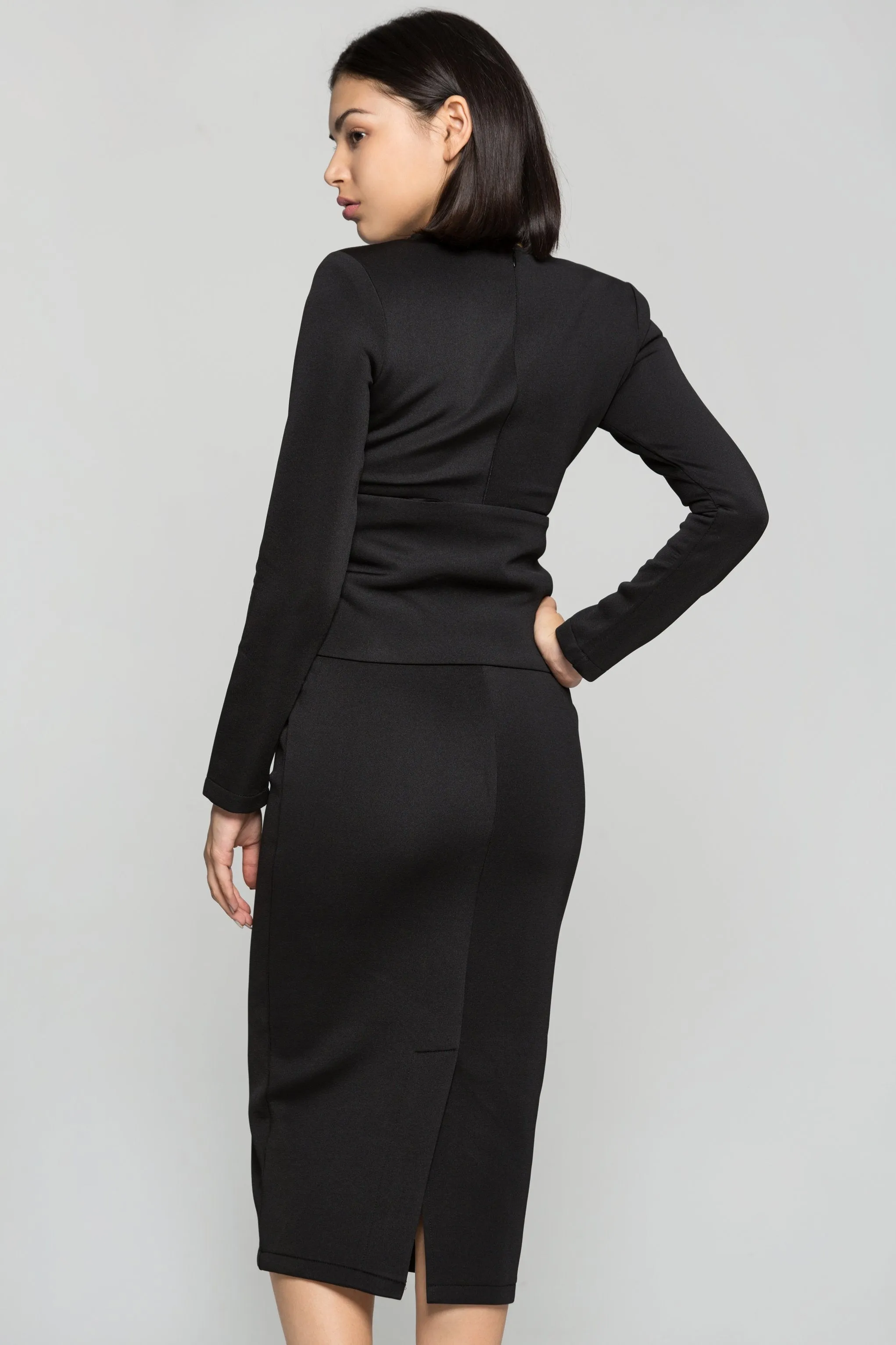 Black Solid Bow Waist Midi Dress