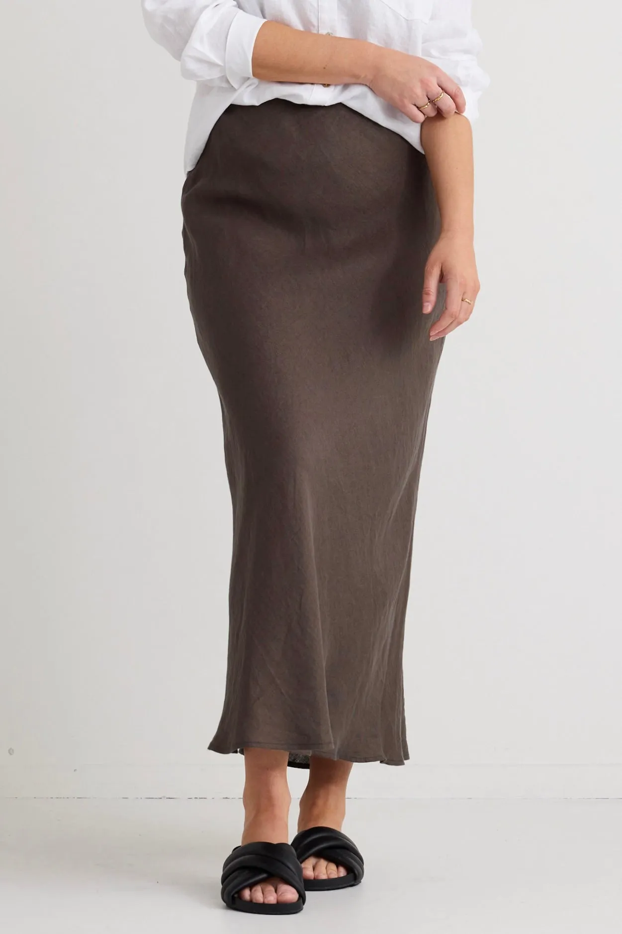 Bliss Dark Olive Linen Bias Midi Skirt