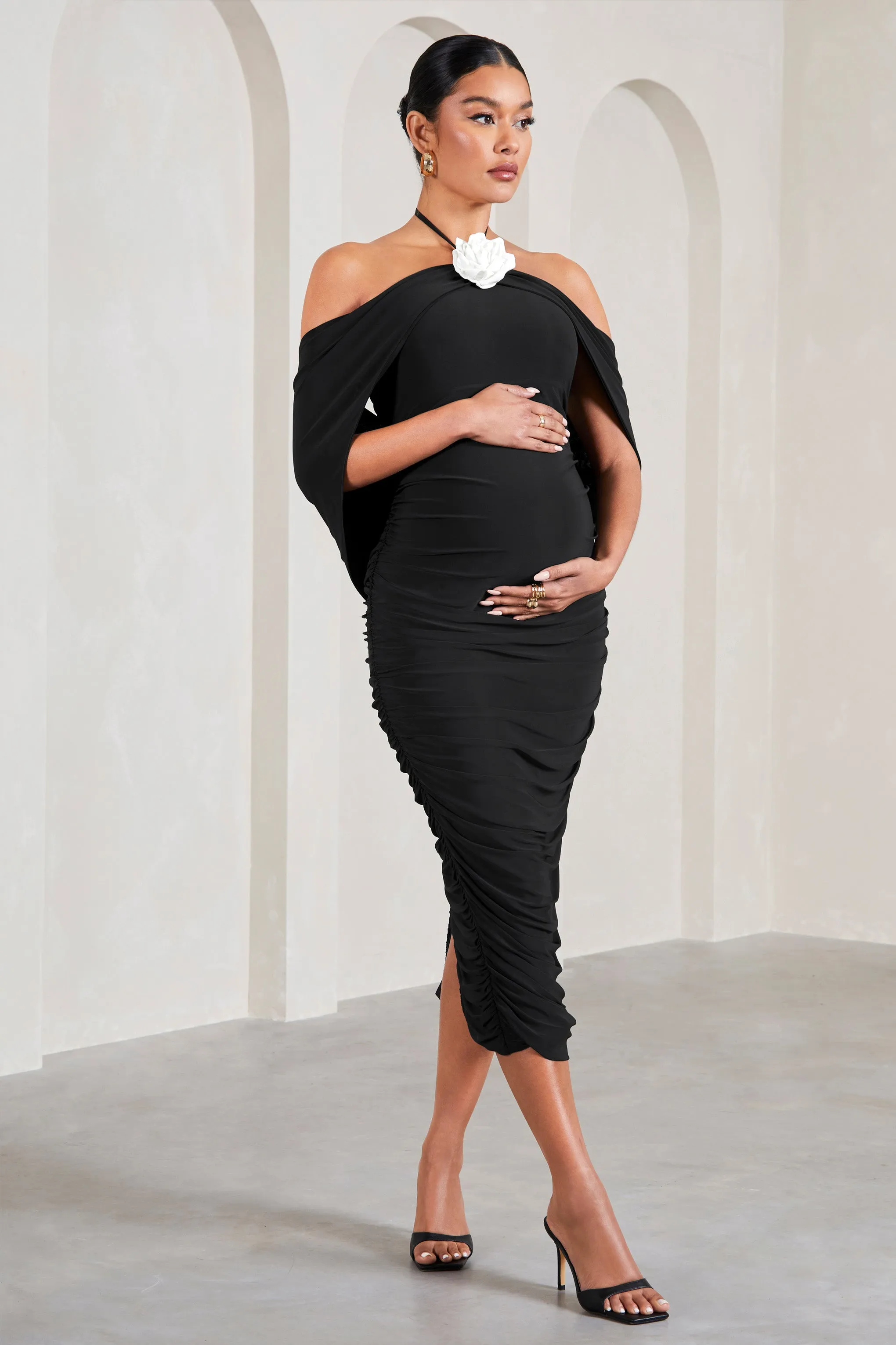 Daisy | Black & White Ruched Flower Halter-Neck Drape-Sleeve Maternity Midi Dress