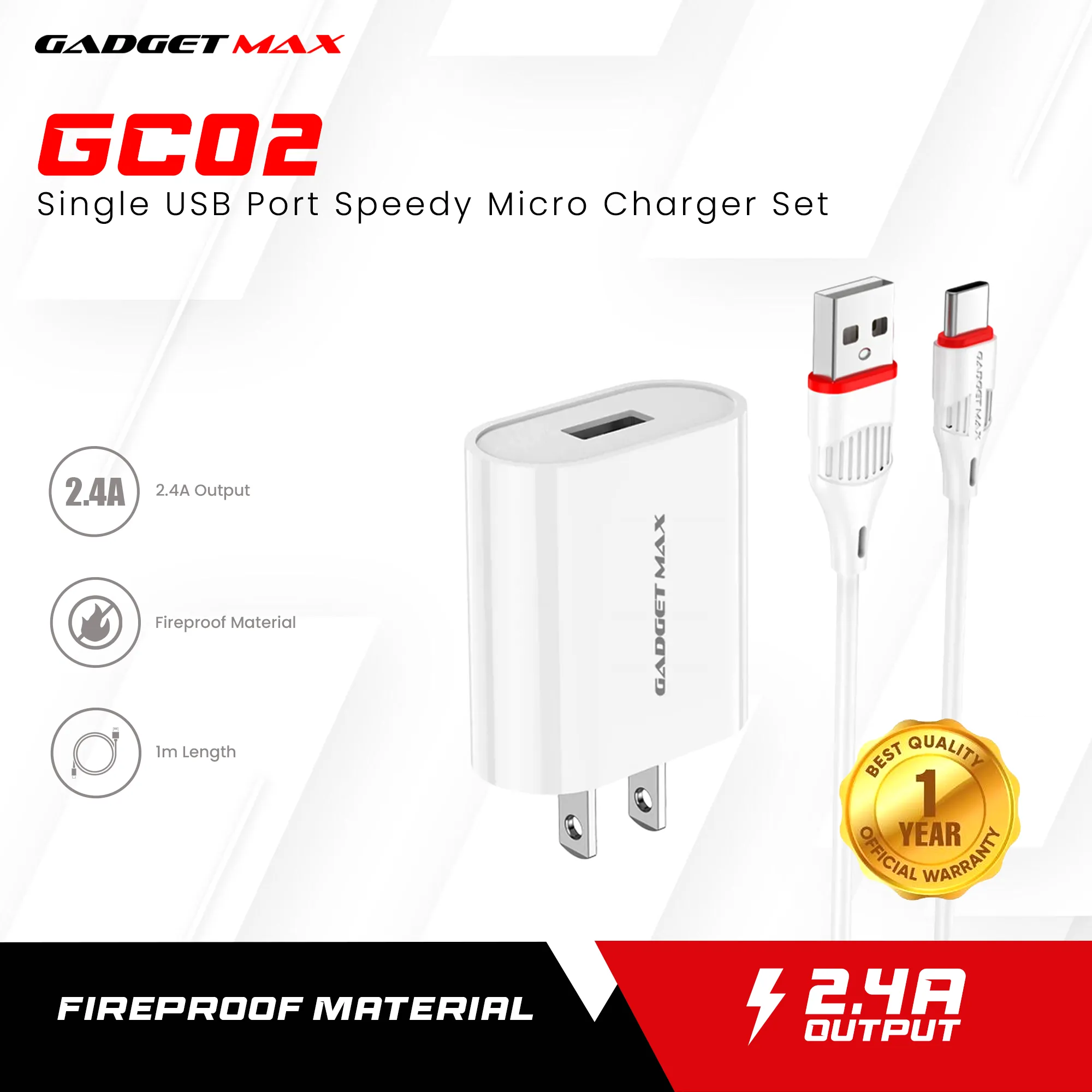 GADGET MAX GC02 TYPE-C 2.4A SINGLE USB PORT SPEEDY TYPE-C CHARGER SET(1USB)(2.4A)(1M)