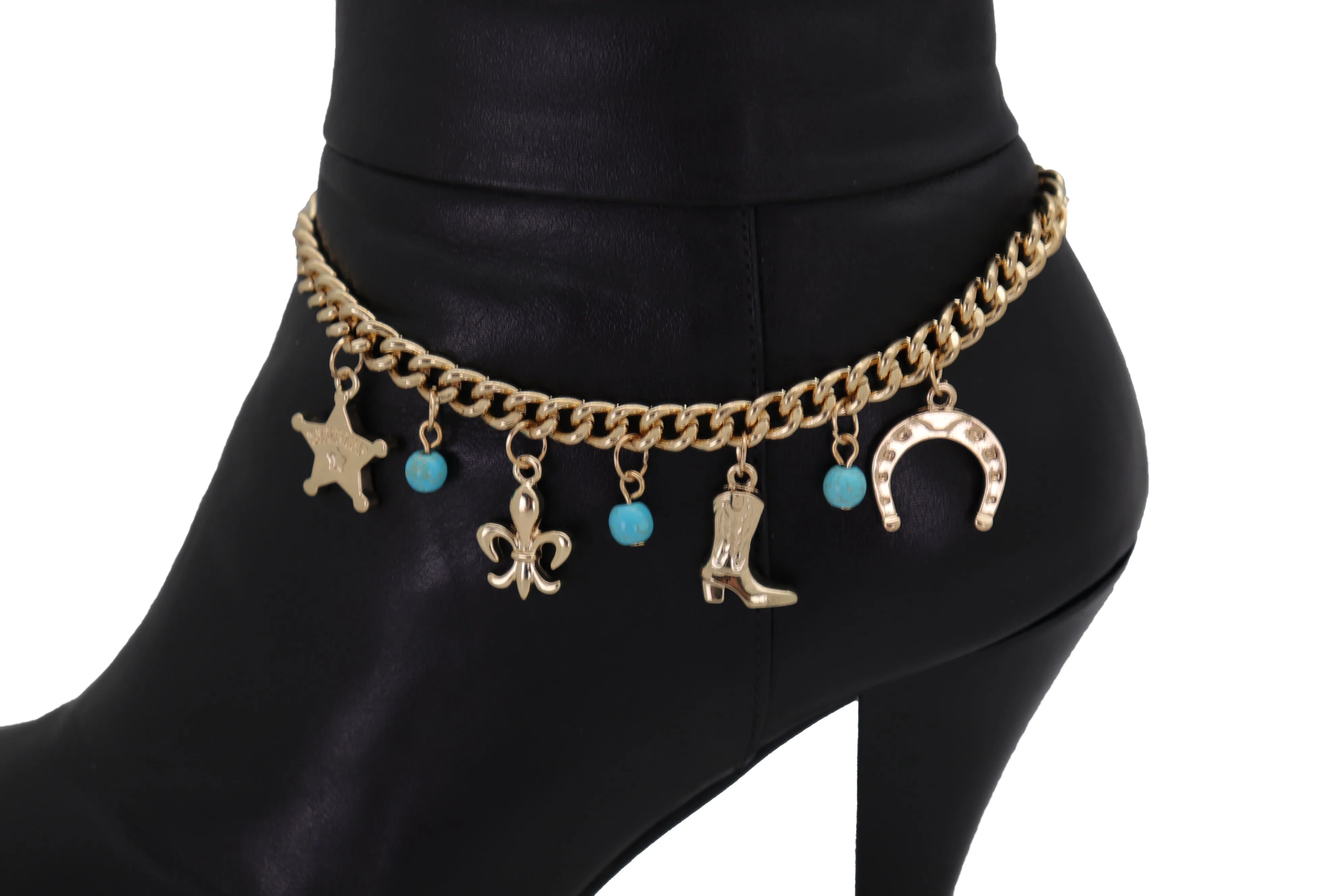 Gold Metal Chain Boot Bracelet Sherriff Fleur De Lis Horseshoe Shoe Charms Adjustable