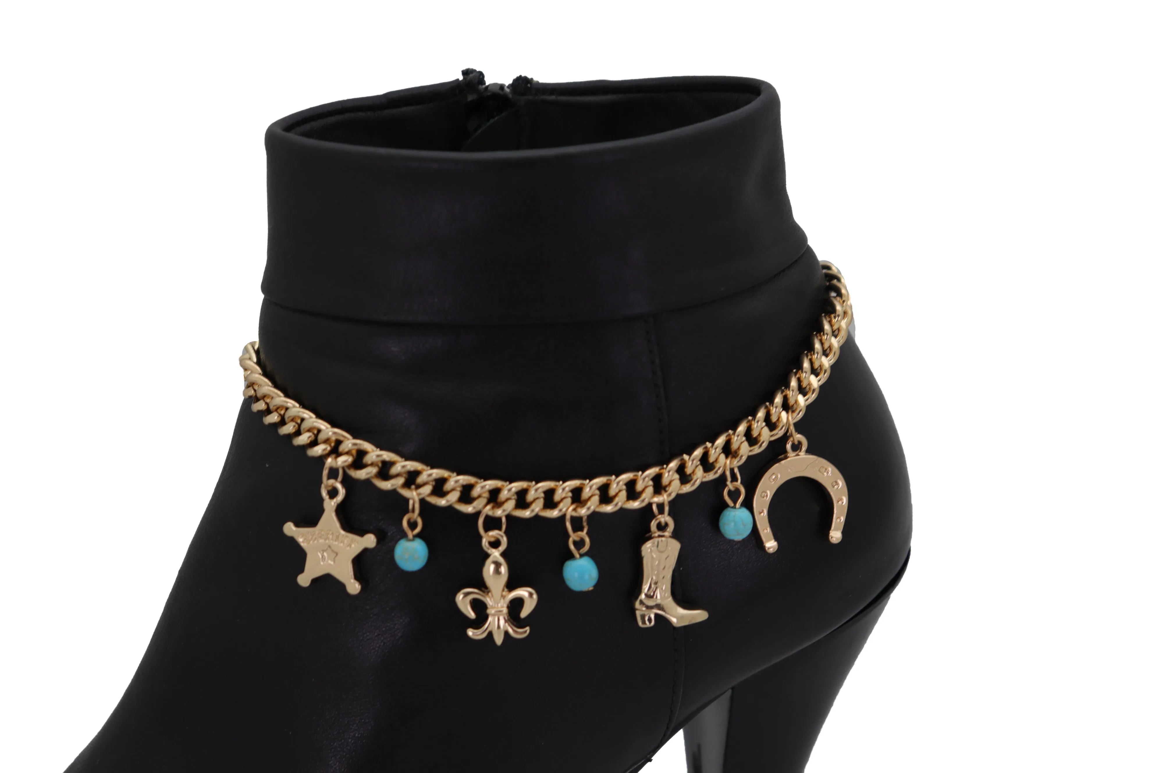 Gold Metal Chain Boot Bracelet Sherriff Fleur De Lis Horseshoe Shoe Charms Adjustable