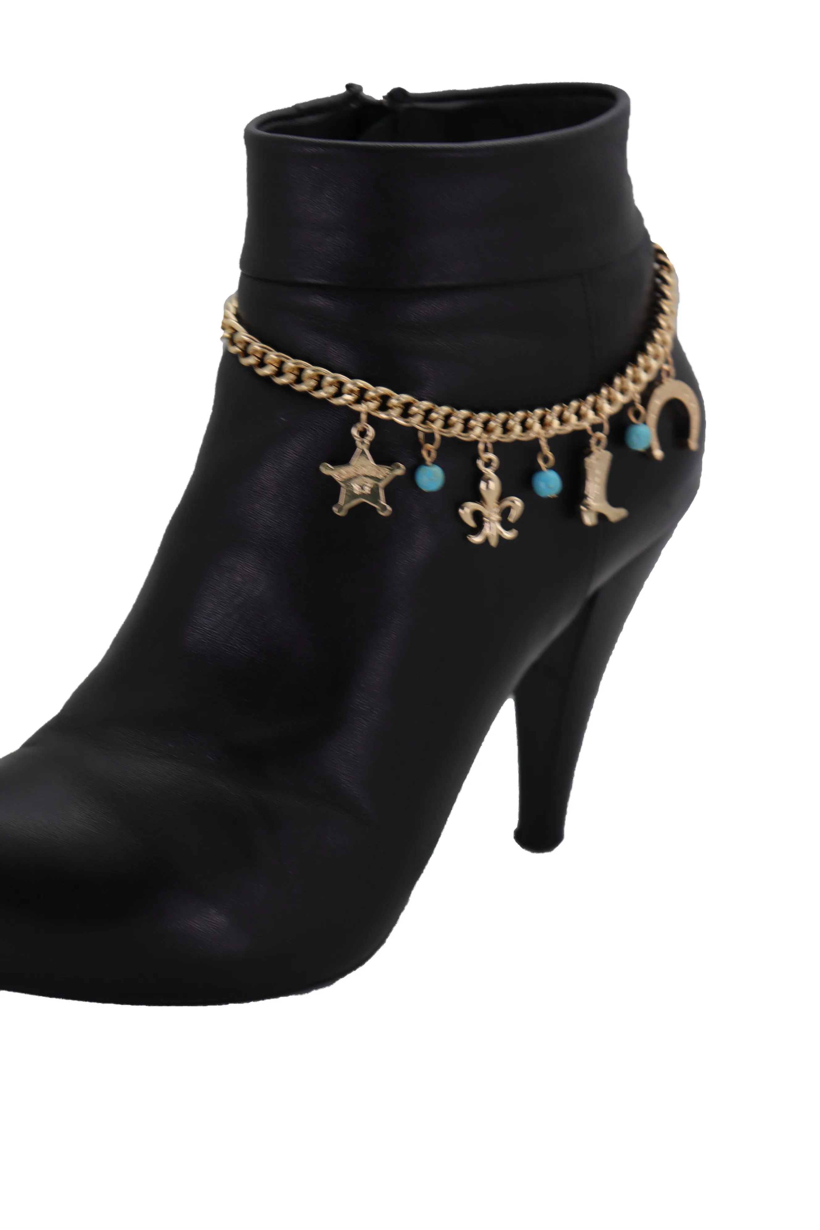 Gold Metal Chain Boot Bracelet Sherriff Fleur De Lis Horseshoe Shoe Charms Adjustable