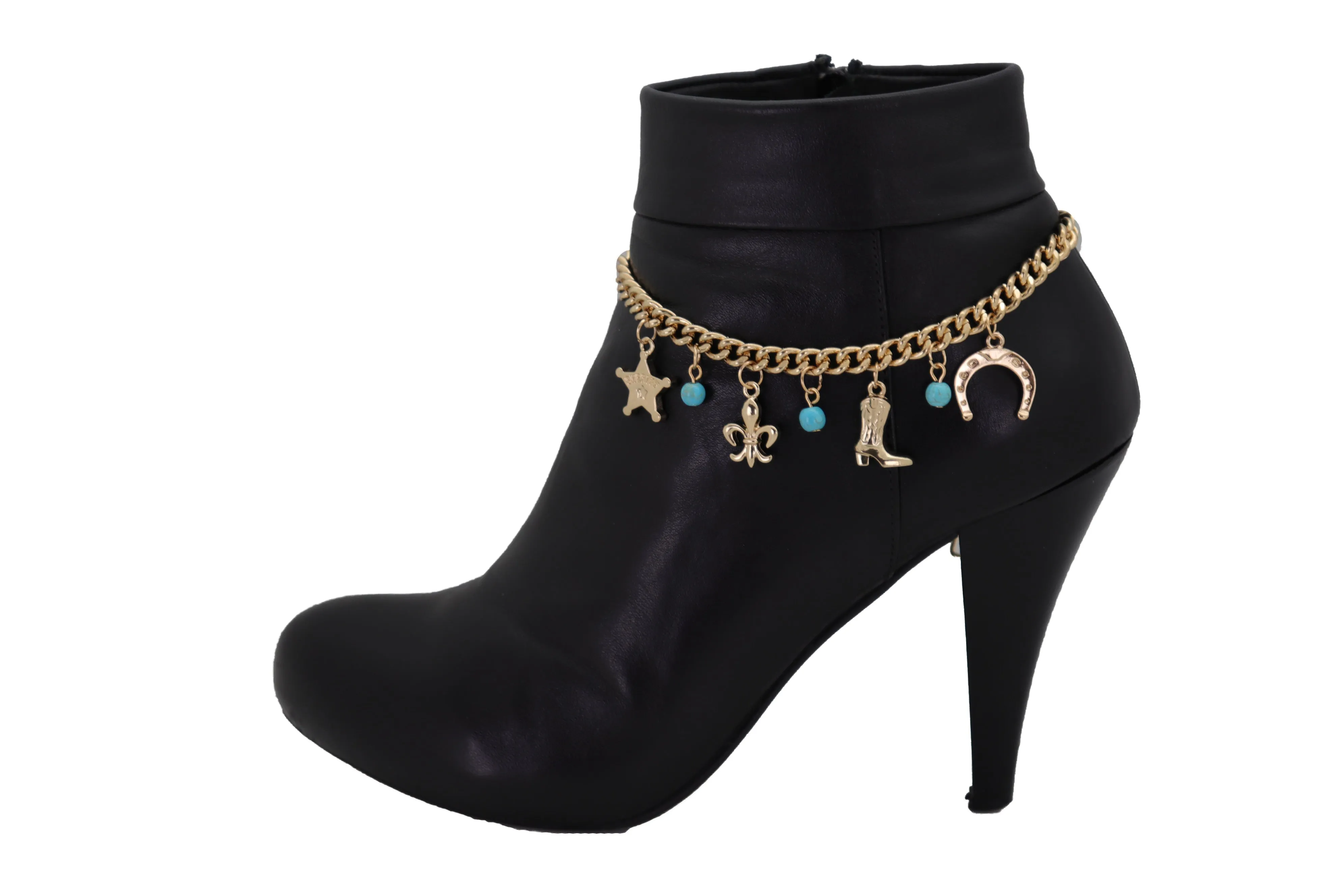 Gold Metal Chain Boot Bracelet Sherriff Fleur De Lis Horseshoe Shoe Charms Adjustable