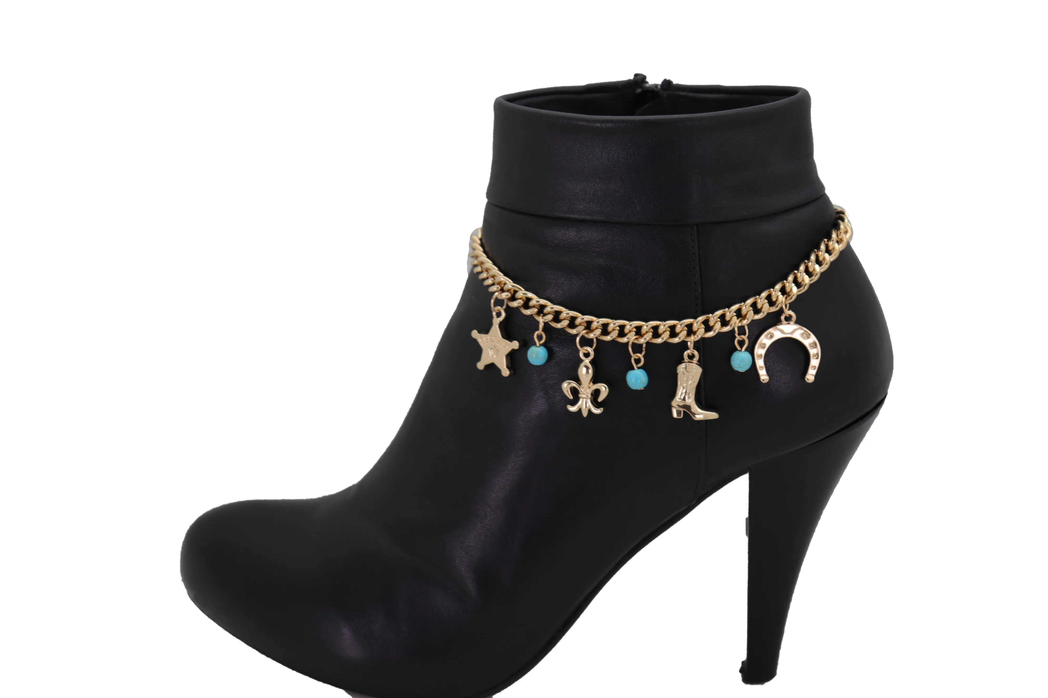 Gold Metal Chain Boot Bracelet Sherriff Fleur De Lis Horseshoe Shoe Charms Adjustable