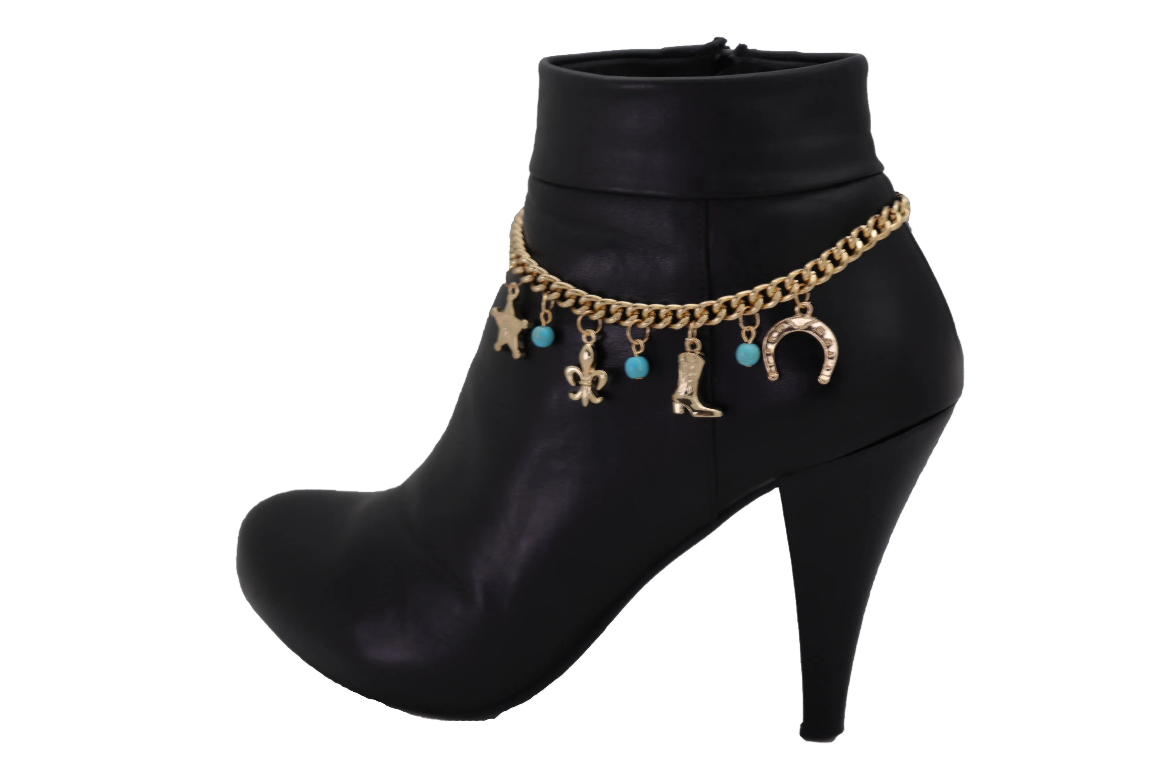 Gold Metal Chain Boot Bracelet Sherriff Fleur De Lis Horseshoe Shoe Charms Adjustable