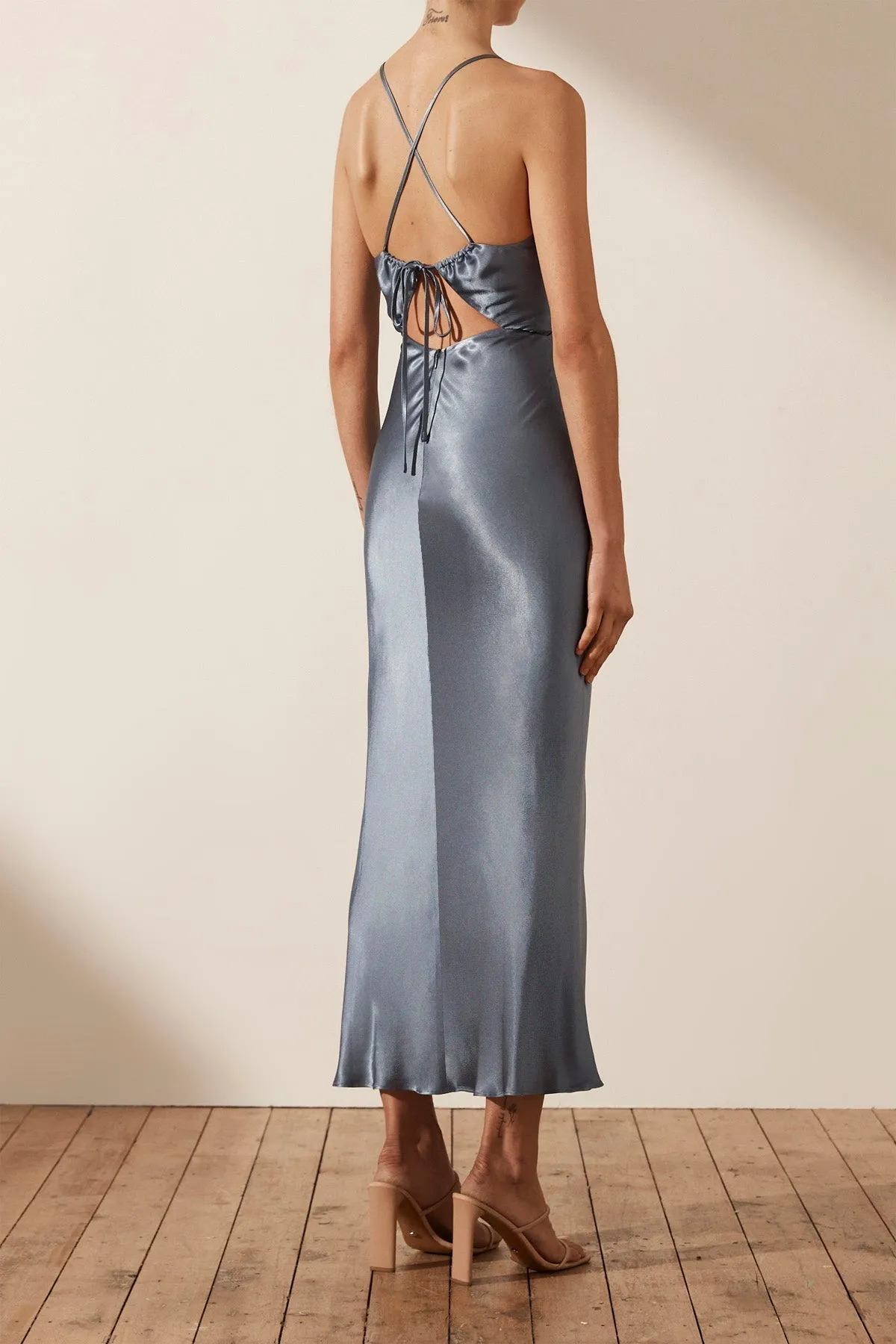 LA LUNE RUCHED BODICE MIDI DRESS - BLUE SMOKE