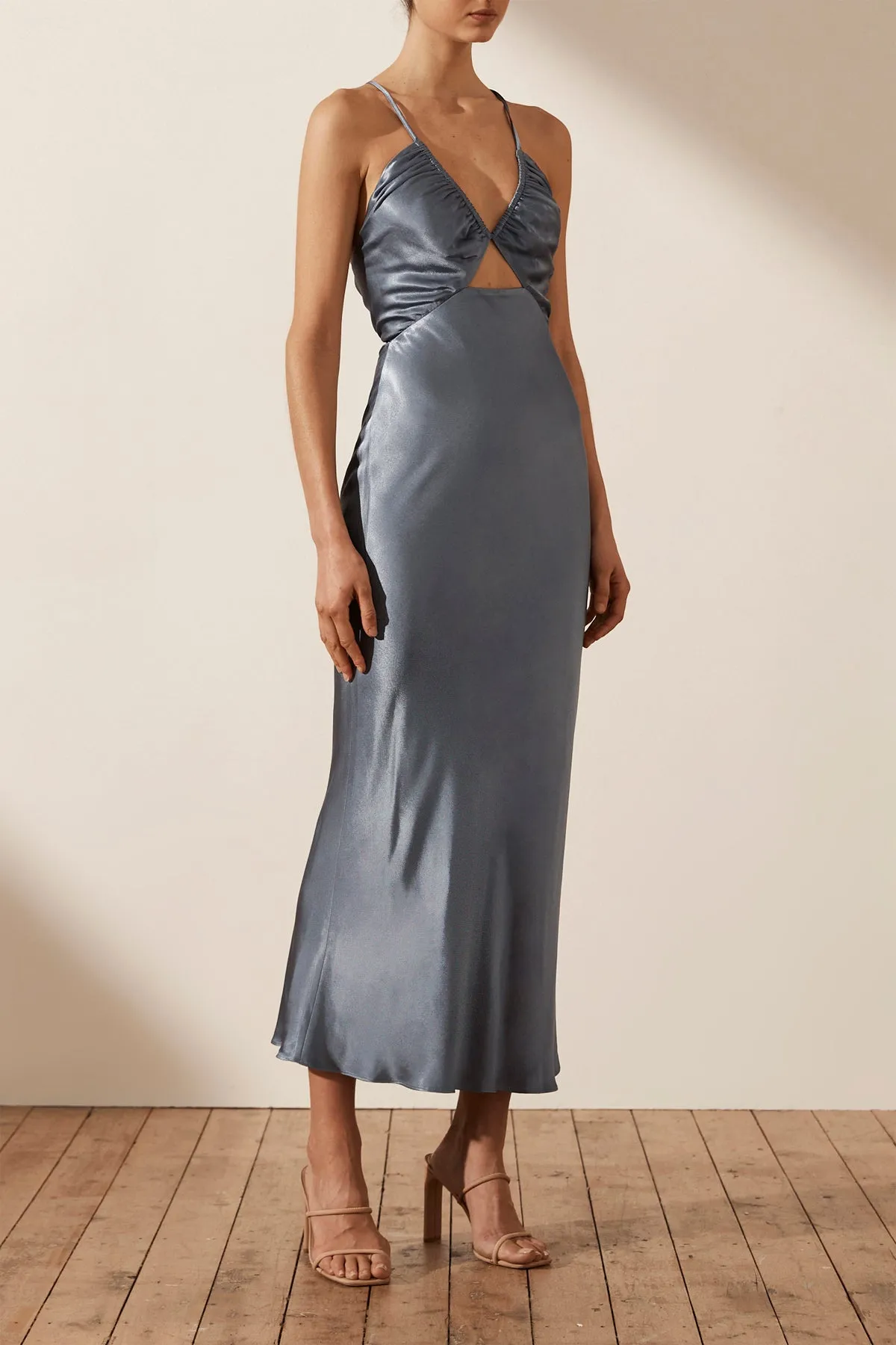 LA LUNE RUCHED BODICE MIDI DRESS - BLUE SMOKE