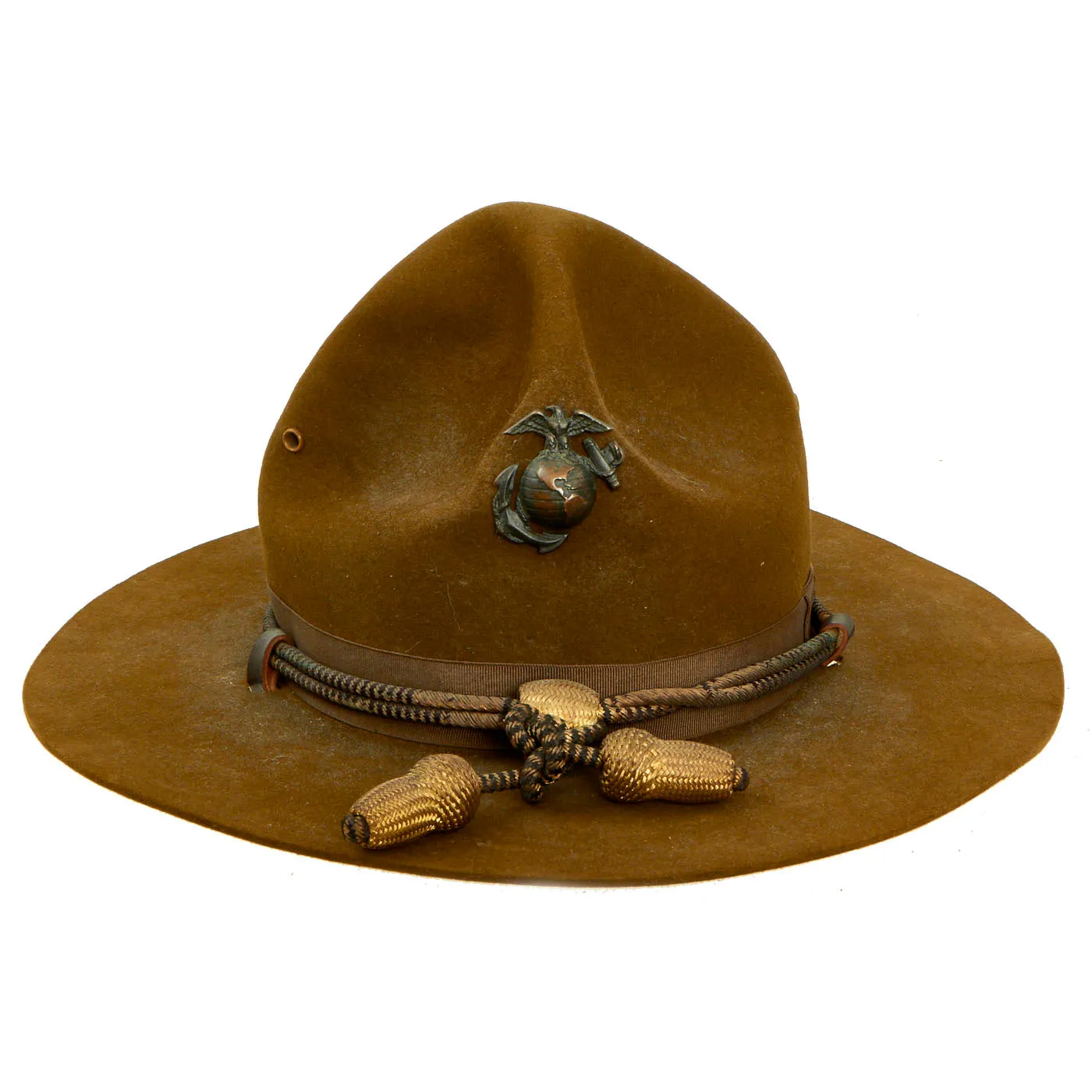 Original U.S. Early WWII USMC Officer’s Campaign Hat with Officer Cord, Original Chinstrap and EGA