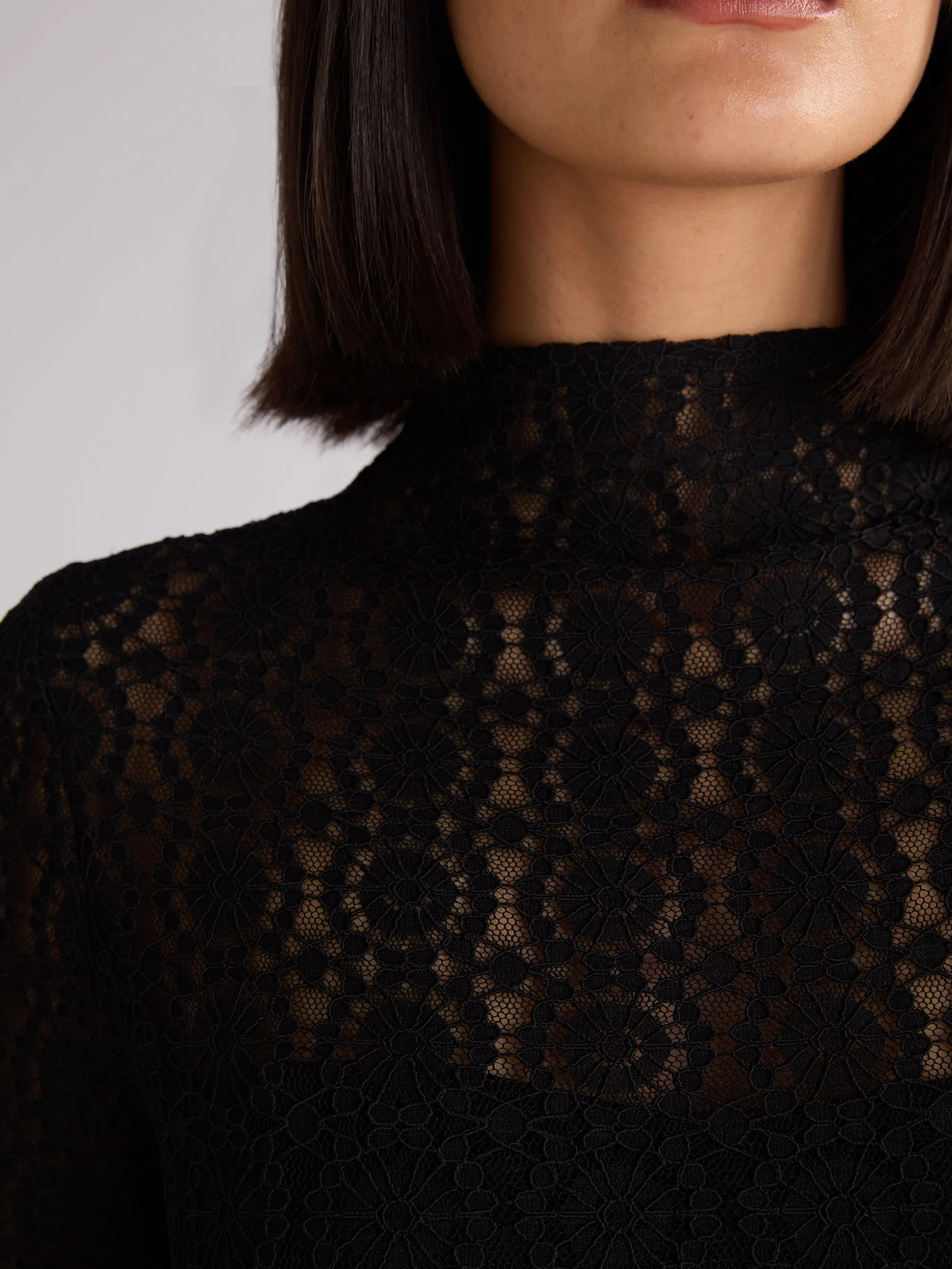 Petite Black Lace High Neck Midi Dress