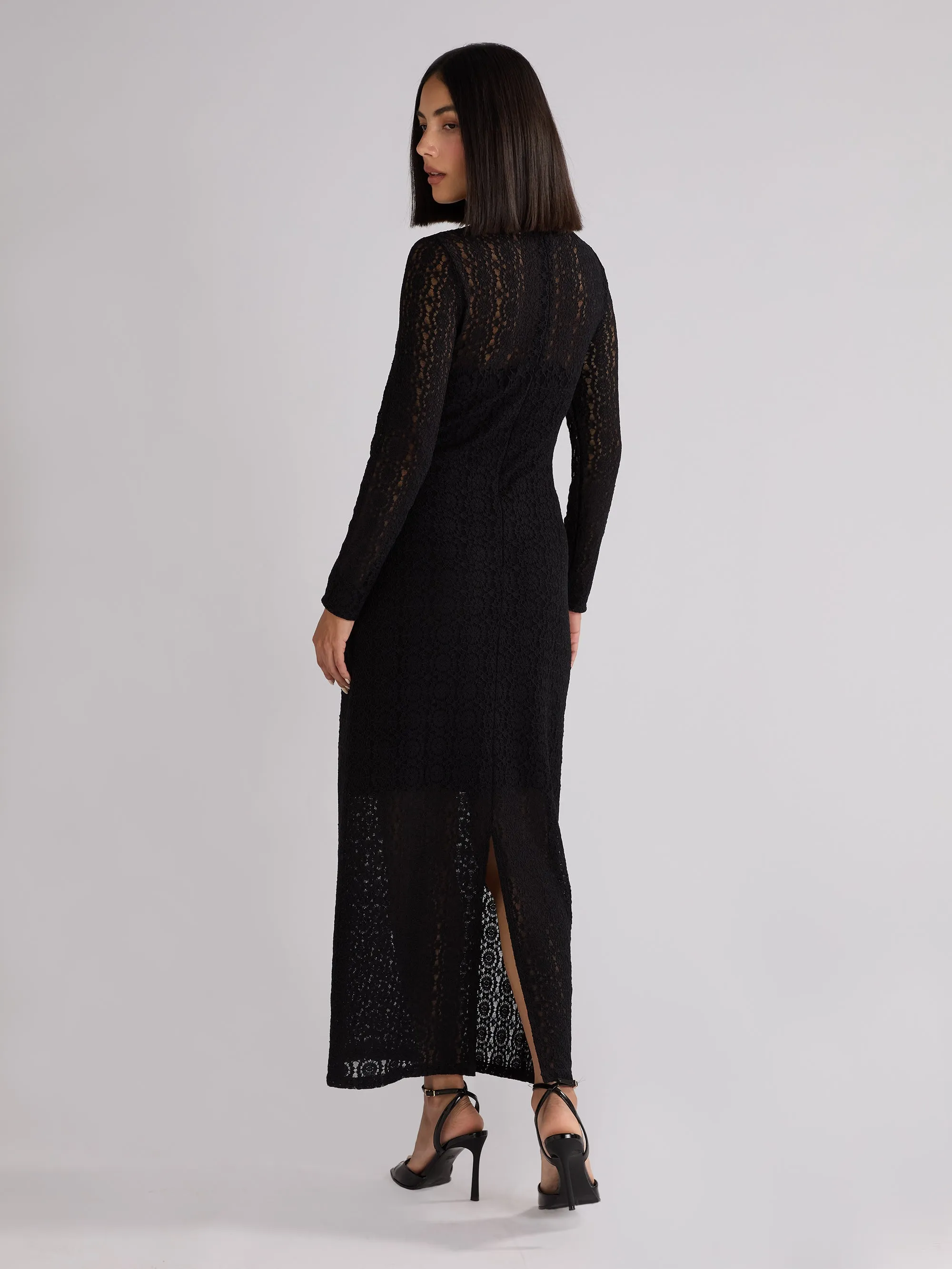 Petite Black Lace High Neck Midi Dress