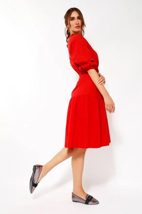 PUFF SLEEVE MIDI DRESS IN RED