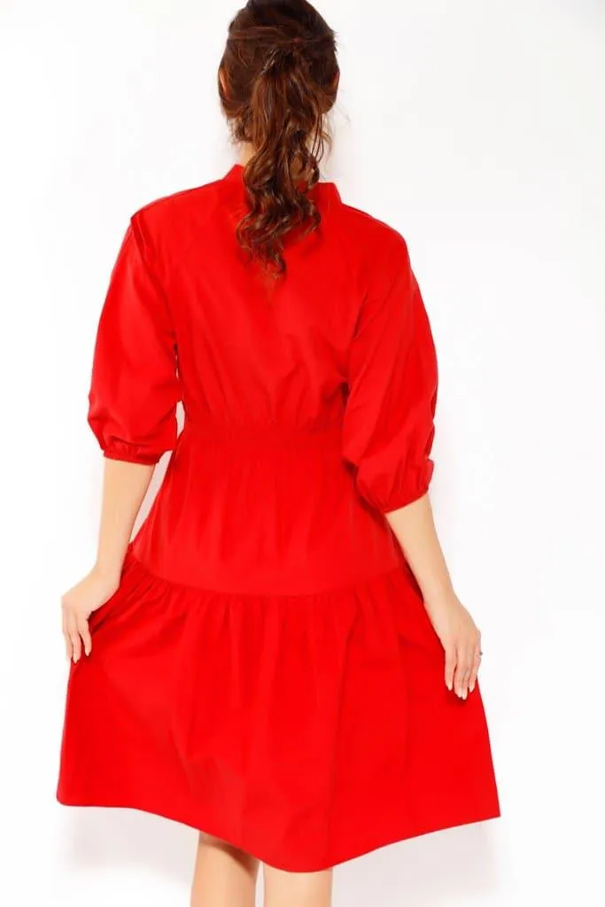 PUFF SLEEVE MIDI DRESS IN RED