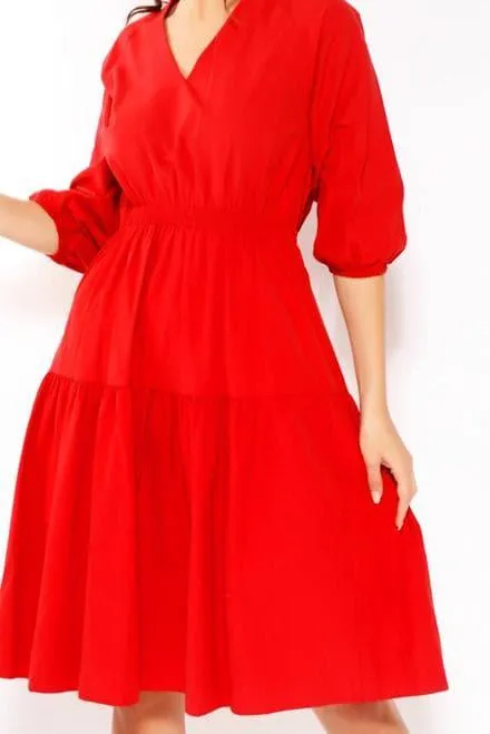 PUFF SLEEVE MIDI DRESS IN RED