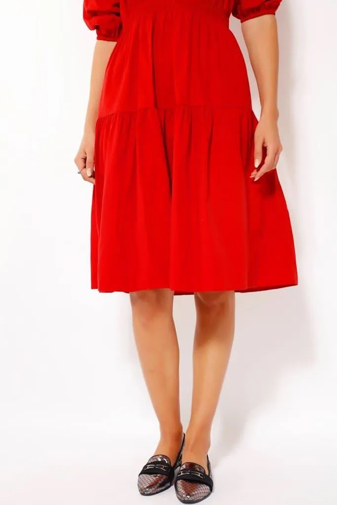 PUFF SLEEVE MIDI DRESS IN RED