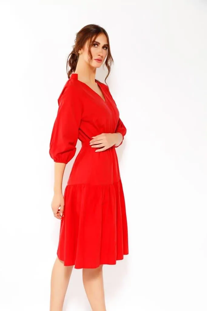 PUFF SLEEVE MIDI DRESS IN RED