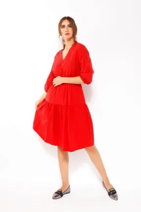 PUFF SLEEVE MIDI DRESS IN RED