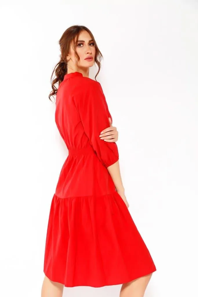 PUFF SLEEVE MIDI DRESS IN RED